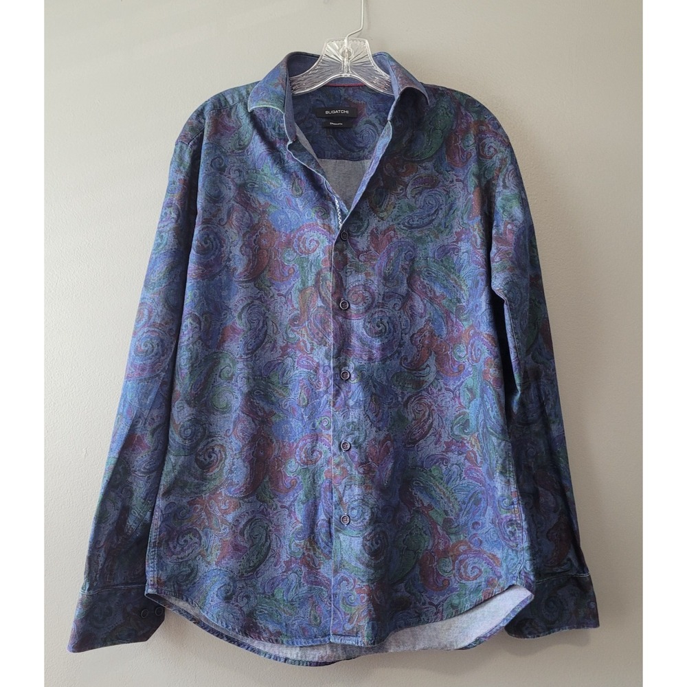 Bugatchi Shaped Fit Men's Paisley Button-Up Shirt Blue Purple Long Sleeve Size M